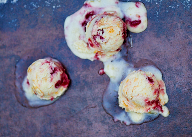 Peach Melba Ice Cream melting in the hot weather — TheMessyBaker.com