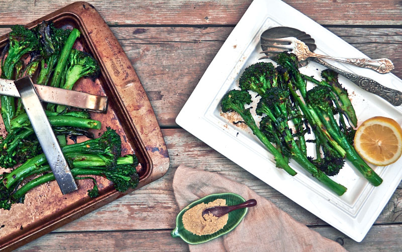 Spicy Grilled Broccolini done on the grill and finished with chat masala.