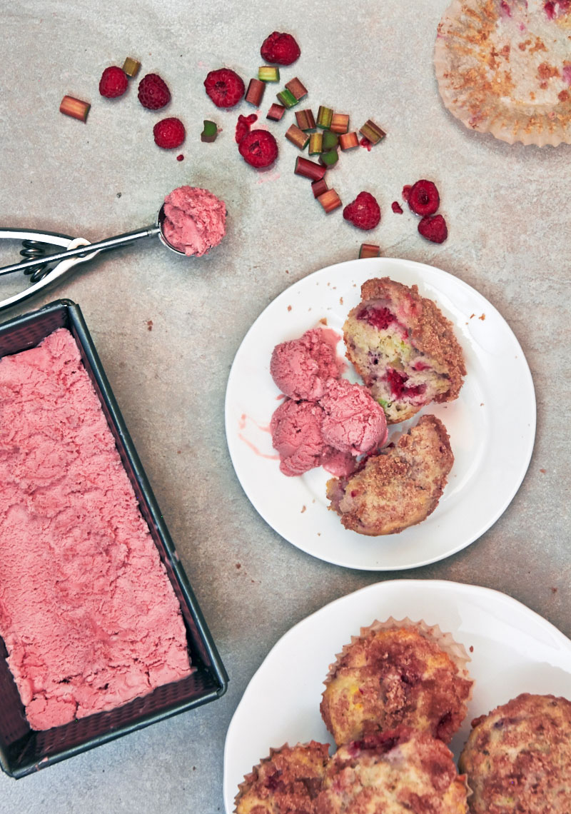 Rhubarb-Raspberry Muffins and Ice Cream by The Messy Baker