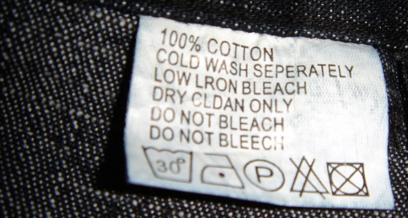 Jeans label with a few creative spelling errors.