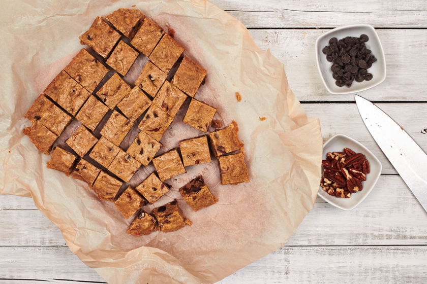 Bourbon Blondies with Pecans and Chocolate Chunks